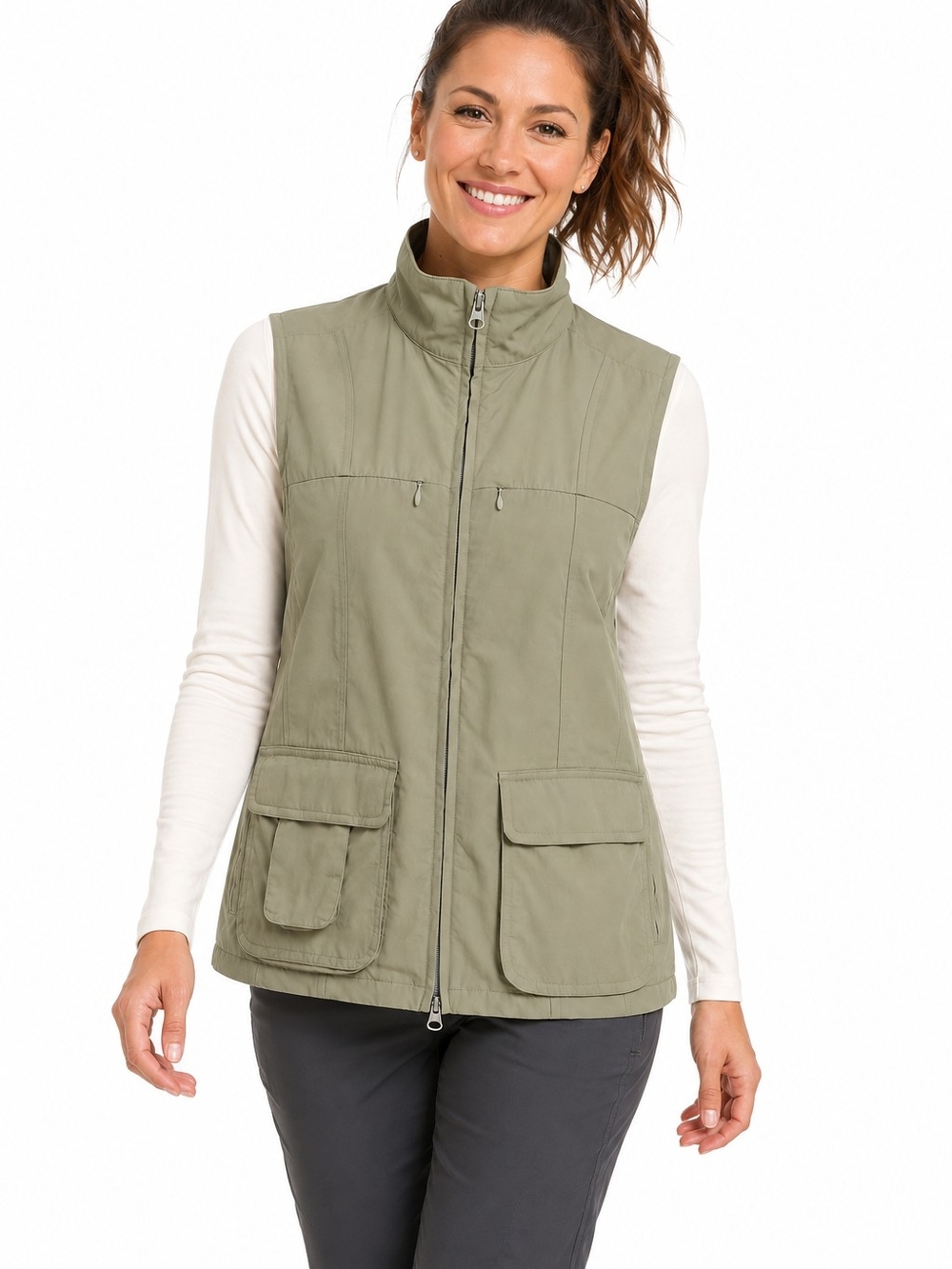 TravelSmith Adventure Travel Vest Women M Olive Multi Pocket Hiking utility chic